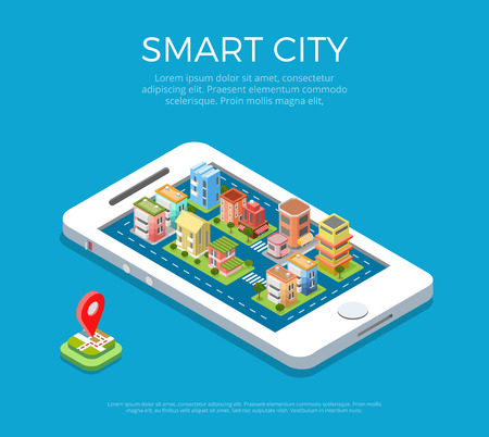 Flat isometric buildings on smartphone screen, Smart city app infographics template illustration. 3d isometry Mobile application concept.のイラスト素材