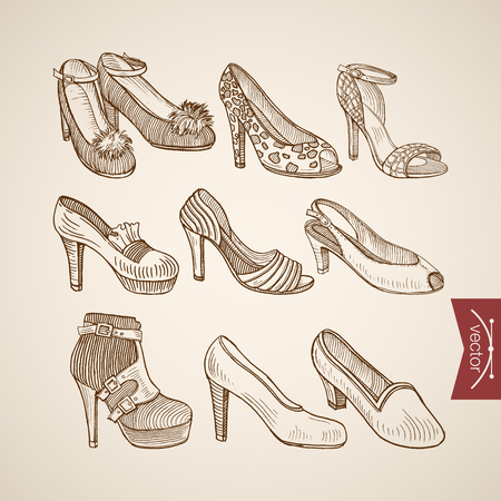 Engraving vintage hand drawn sandals shoes on heels doodle collage. Pencil Sketch retro fashion illustration.のイラスト素材