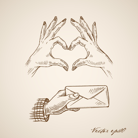 Engraving vintage hand drawn female hands making heart symbol, male hand holding paper envelope doodle collage. Pencil Sketch Signs and symbols illustration.のイラスト素材