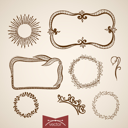 Engraving vintage hand drawn frames with floral elements doodle collage. Pencil Sketch floristic shop illustration.のイラスト素材