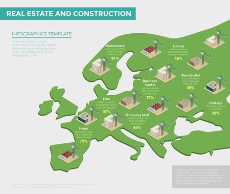 Flat isometric map of Europe with architecture and building cranes illustration. Real Estate and construction infographics template. 3d isometry business investment concept.のイラスト素材