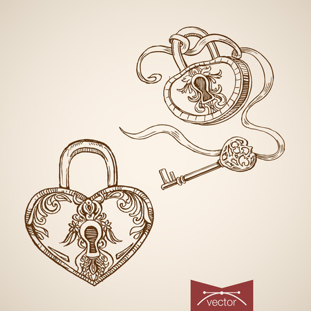 Engraving vintage hand drawn heart padlock and key doodle collage. Pencil Sketch illustration.のイラスト素材