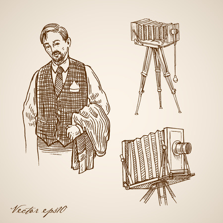 Engraving vintage hand drawn vector old-fashioned dressed man, photographer and camera doodle collage. Pencil Sketch creative profession illustration.のイラスト素材