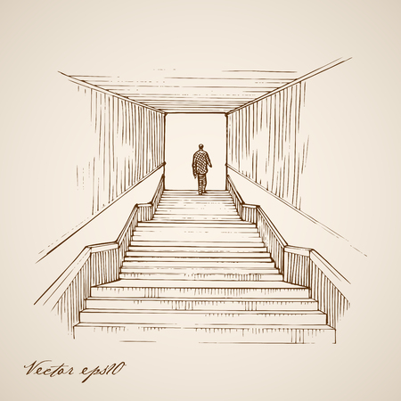 Engraving vintage hand drawn vector man going up the stairs doodle collage. Pencil Sketch underground crossing, tunnel illustration.のイラスト素材