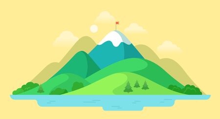 Flat beautiful mountain peak, nature water landscape vector illustration. Summer season vacation concept.のイラスト素材