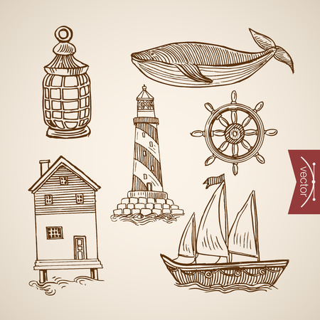 Engraving vintage hand drawn vector lighthouse on sea island, house in water, whale doodle collage. Pencil Sketch navigation illustration.のイラスト素材