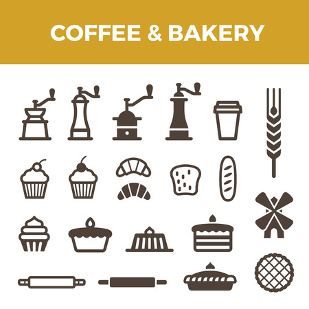 Coffee Bakery icons set for Badges hipster style.
Coffee Mill, cup, spike, bread, cake, croissant objects symbols.のイラスト素材
