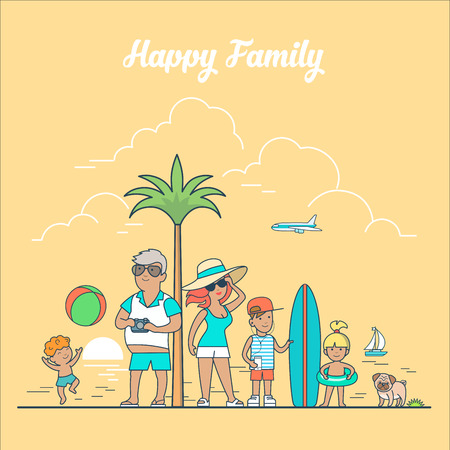 Linear Flat happy family on sea nature landscape vector illustration. Summer vacation and travelling concept.のイラスト素材