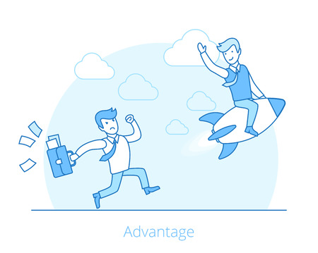 Flat successful businessman on rocket, angry competitor tries to catch web infographics vector illustration. Competitive advantage business and marketing concept.のイラスト素材
