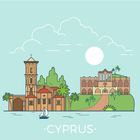 Cyprus country design template. Linear Flat famous historic sight; cartoon style web site vector illustration. World travel and showplace in Europe, European vacation collection.のイラスト素材