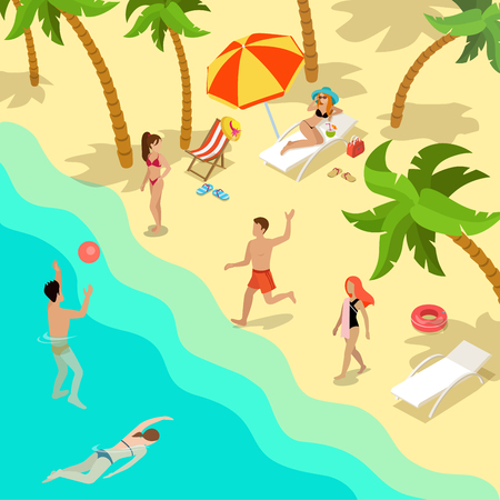 Flat young people on tropical resort, man and woman swimming, playing volleyball vector illustration. Summer holidays concept.のイラスト素材