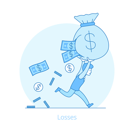 Linear Flat Businessman running with money bag, coins and banknote fall out vector illustration. Losses in business concept.のイラスト素材
