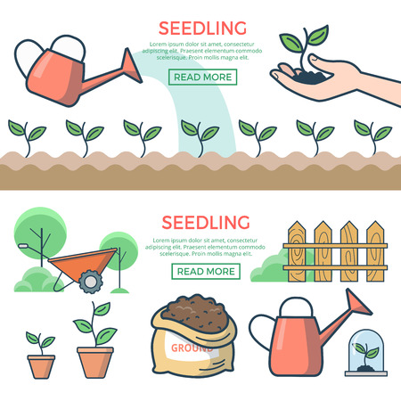 Linear Flat can watering plants on ground, sprout in hand vector illustration set. Seedling and gardening concept. Earth bag, plant in the pot, cart, wooden fence icons.のイラスト素材