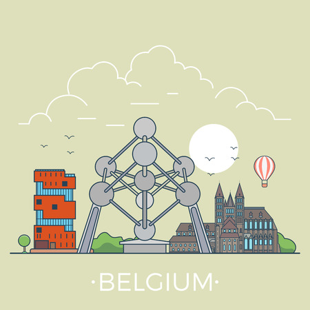 Belgium country design template. Linear Flat famous historic sight; cartoon style web site vector illustration. World travel and showplace in Europe, European vacation collection.のイラスト素材
