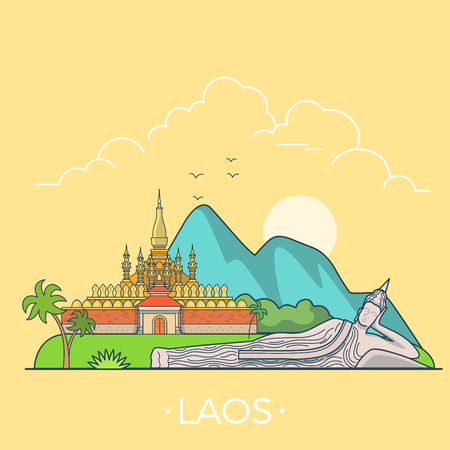 Laos country design template. Linear Flat famous historic sight; cartoon style web site vector illustration. World travel and showplaces in Asia. Asian vacation collection.のイラスト素材