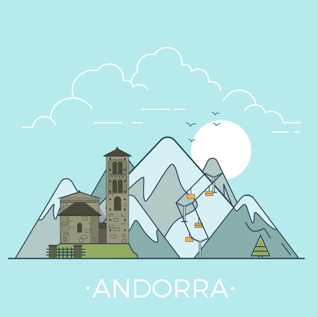 Andorra country design template. Linear Flat famous historic sight; cartoon style web site vector illustration. World travel and showplace in Europe, European vacation collection.のイラスト素材