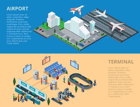 Flat isometric airport, flying and landing planes; terminal waiting hall, passport control, baggage line conveyor infographics template vector illustration. 3d isometry Public transportation concept.のイラスト素材