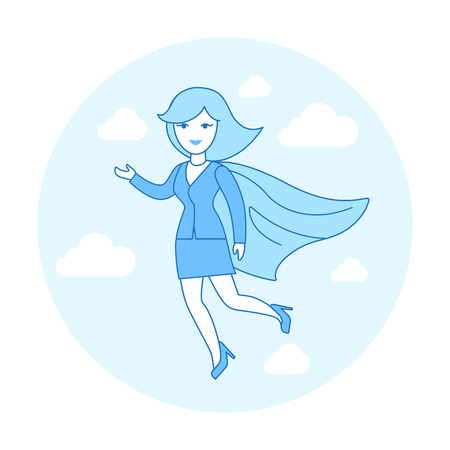 Linear Flat Businesswoman flying in suit and Super hero red cape vector illustration. Business leader concept.のイラスト素材