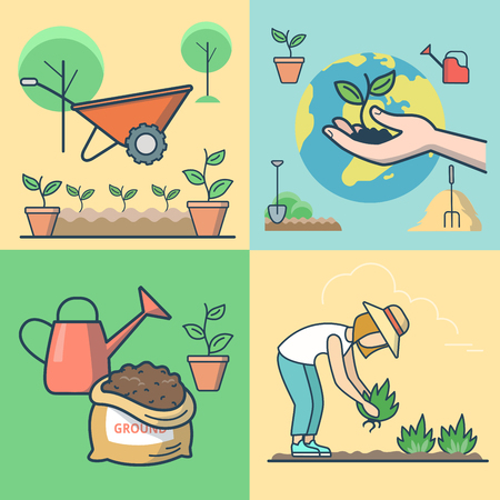 Linear Flat Female farmer planting, sprout in hand on globe background vector illustration set. Seedling and gardening concept. Earth bag, plant in the pot, cart, stack of hay, watering can icons.のイラスト素材