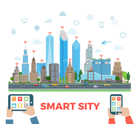 Flat human hands touching screens on  tablet and smartphone on Urban skyscraper landscape and icons website hero image vector illustration. Smart city concept.のイラスト素材