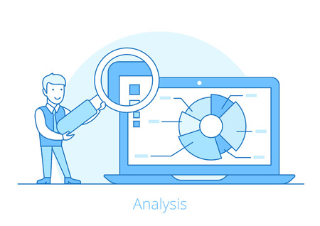 Linear Flat Businessman shows report, presentation on laptop with magnifier vector illustration. Financial Business Analysis, Audit, Planing concept.のイラスト素材