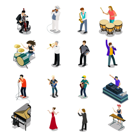 Flat isometric Musicians and showmen vector icon set. 3d isometry Entertainment concept. Group of people playing instrument, scene concert. DJ, drummer, entertainer, emcee, saxophonist characters.のイラスト素材