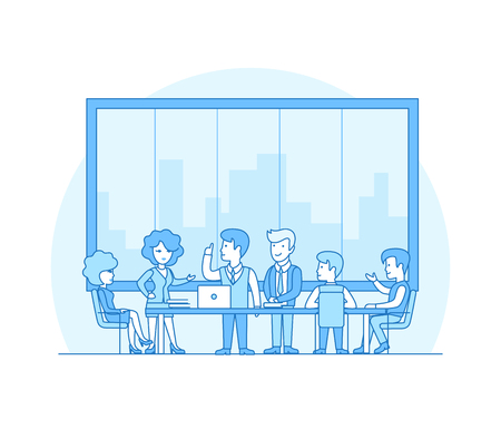 Linear Flat Business people brainstorming in meeting room vector illustration. Businessman, secretary, manager, client characters. Team work concept.のイラスト素材