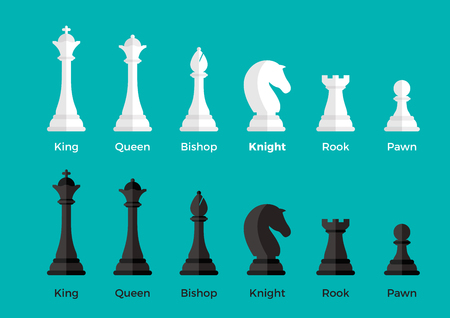 White and Black Flat Chess pieces vector illustration set on blue background. Logical games concept. King, Queen, Bishop, Knight, Rook, Pawn.のイラスト素材