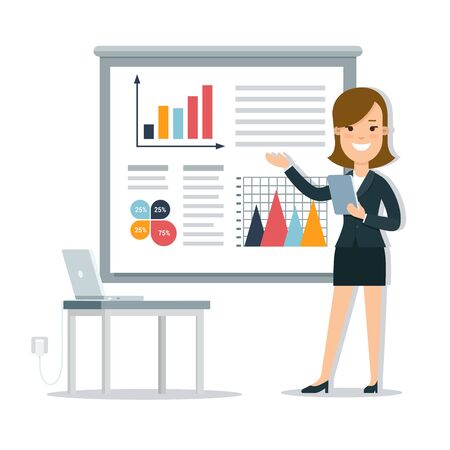 Flat young smiley businesswoman making report or presentation vector illustration. Financial Business Analysis, Audit, Planing concept.のイラスト素材