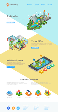Website Landing page design vector template isometric style.
Webdesign flat isometry with icons.のイラスト素材