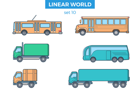 Linear Flat Passenger and cargo transport, modern and retro school bus, van and trolleybus vector illustration set. Transportation concept.のイラスト素材