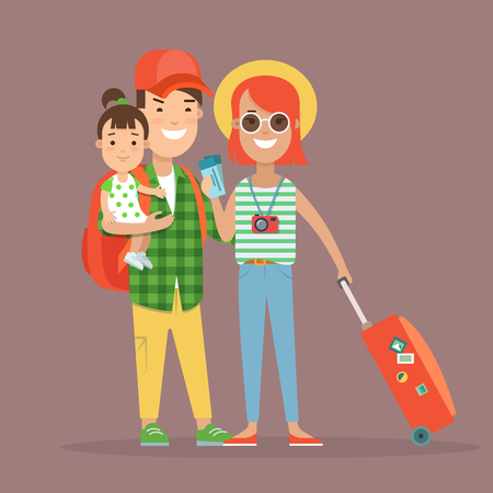 Flat Happy parents and child with baggage and tickets on brown background vector illustration. Vacation concept.のイラスト素材
