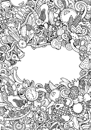 Engraving vintage hand drawn vector fruit and vegetable doodle collage. Pencil Sketch food illustration. Empty copyspace to enter your text.のイラスト素材