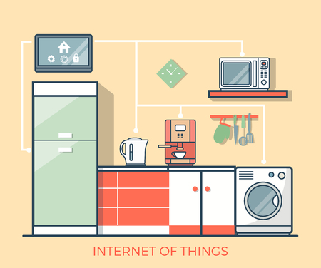 Linear flat kitchen control Infographics template vector illustration. Internet of Things, Smart home app concept.のイラスト素材