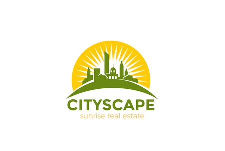 Sun over Cityscape Skyscrapers Business city Logo design vector template.
Real Estate Architecture Construction Logotype concept iconのイラスト素材