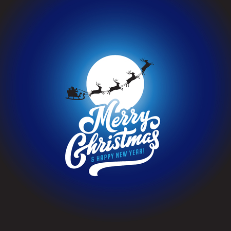 Merry Christmas and Happy New Year Text Calligraphic Lettering Greeting card vector template. Vintage Calligraphy Font composition with Santa red ribbonのイラスト素材
