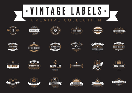 Vintage Labels Logo collection vector design templates. Coffee Beer Bakery Sale Badges Retro style with elements ribbons and iconsのイラスト素材