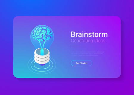 Isometric Flat Brainstorm ideas vector illustration. Brain in Light Bulb Lamp generate think creative innovation idea isometry 3D conceptのイラスト素材