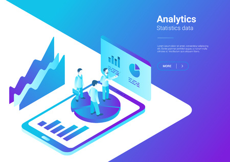 Isometric Flat Analytics Marketing Strategy Vector Illustration. People standing on Smartphone with Statistics Chartsのイラスト素材