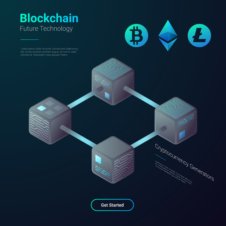 Blockchain Cryptocurrency Bitcoin Etherium Litecoin Technology Isometric flat vector illustration concept. Hi tech Block chain process data structure visualizationのイラスト素材