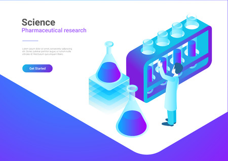 Isometric Flat Science Laboratory vector illustration concept. Scientist working with Test Tubesのイラスト素材