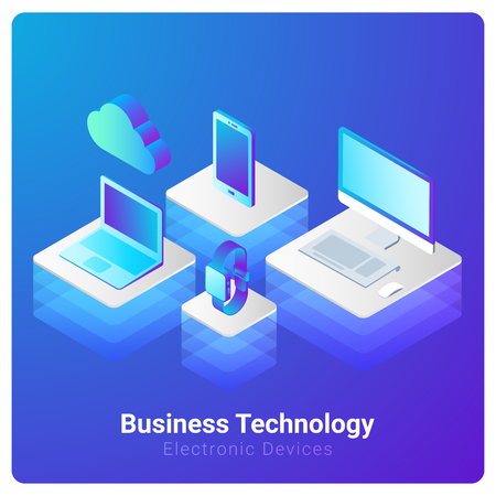 Isometric Flat Electronic devices: Computer Laptop Smartphone Mobile Phone Smartwatch Cloud vector illustration setのイラスト素材