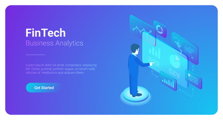 Man Business Analyse Data Market in Virtual space isometric flat vector illustration. Fintech Finance Charts Diagrams businessman conceptのイラスト素材