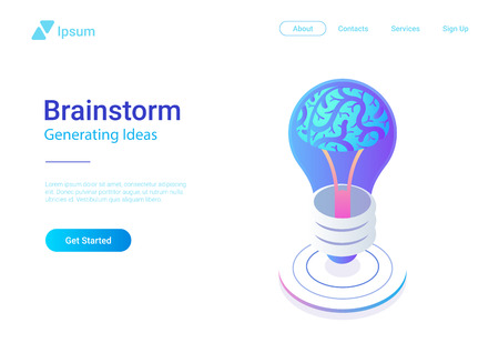 Isometric Flat Brainstorm ideas vector illustration. Brain in Light Bulb Lamp generate think creative innovation idea isometry 3D conceptのイラスト素材