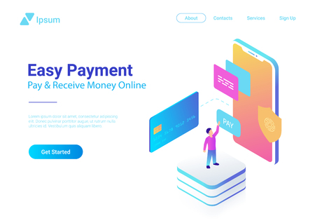 Online Payment by Credit Card on Smartphone isometric flat vector illustration. Man using bank card in Mobile phone online shopping colorful conceptのイラスト素材