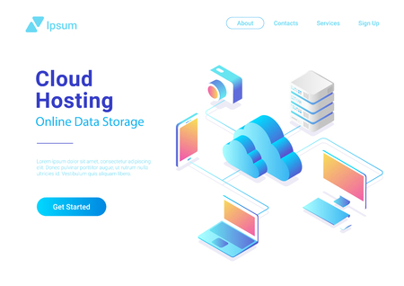 Isometric Flat Cloud Hosting Network vector Banner Design. Online Computing Storage 3D colorful concept. Smartwatch, Computer, Laptop, Mobile phone objectsのイラスト素材