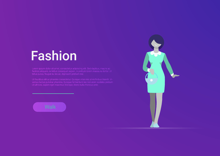 Flat style woman fashion web banner template vector illustration. Casual smiling female on stylish trendy dress. Clothes, wear and shopping conceptのイラスト素材