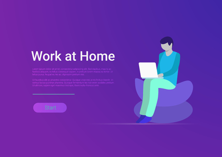 Flat style work at home vector banner template. Man freelancer working laptop computer PC at workplace armchair. Teleworking and freelanceのイラスト素材
