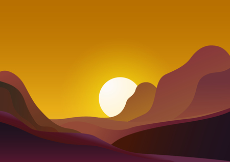 Sunset in desert - vector illustration natural background. Evening landscape with sun sets behind the mountains and yellow sky.のイラスト素材