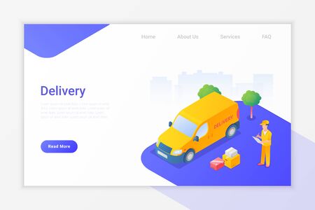 Delivery Van and Man with Boxes Isometric Flat Vector Illustration design concept.のイラスト素材